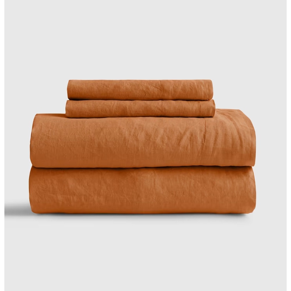 Quince European Linen Sheet Set Queen Size Terracotta 4 Piece w/ Flat Sheet